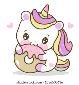 Cute Unicorn vector with yummy dont pony cartoon sweet dessert cafe shop: Series fairy tale characters kawaii animals horse (flat Girly doodles). Perfect Nursery children, kids, greeting card, baby.