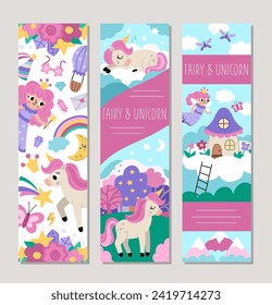 Cute unicorn vertical cards set with fairy, castle, magic forest, rainbow. Vector fairytale vertical print templates. Fantasy world bookmark design for tags, postcards, ads, party, holiday, birthday
