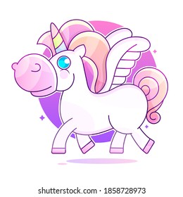 Cute Unicorn Walking On The Rainbow, Doodle 