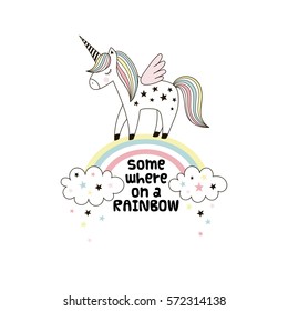 cute unicorn walking on the rainbow, doodle nursery art