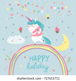 Cute unicorn walking on the rainbow