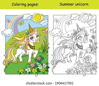 Cute unicorn walking on summer blooming meadow. Coloring book page wih colored template. Vector cartoon illustration isolated on white background. For coloring book, preschool education, print, game