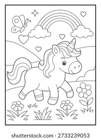 Cute Unicorn Walking through Flower Meadow Coloring Page for Kids. Magical Landscape with Rainbow and Butterfly Vector Illustration