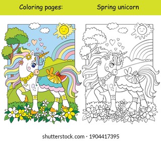 Cute unicorn walking through a spring blooming meadow. Coloring book page wih colored template. Vector cartoon illustration isolated on white. For coloring book, preschool education, print, game