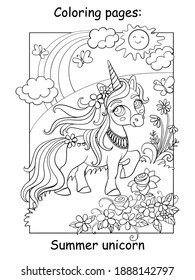 Cute unicorn walking through a summer blooming meadow. Coloring book page. Vector cartoon illustration isolated on white background. For coloring book, preschool education, print and game.