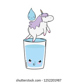 cute unicorn with water glass kawaii