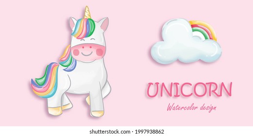 cute unicorn watercolor design, hand drawn illustration