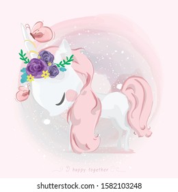 Cute unicorn in watercolor style.