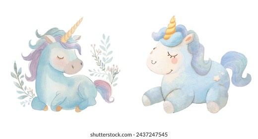 cute unicorn watercolour vectopr illustration 