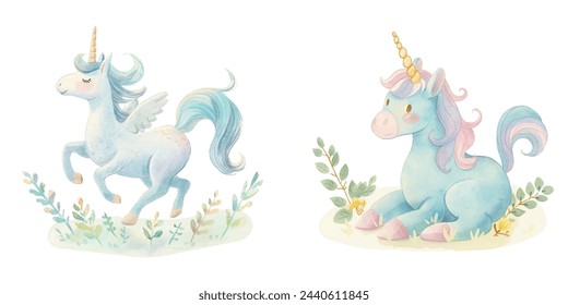 cute unicorn watercolour vectopr illustration 