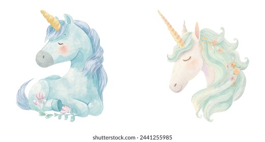 cute unicorn watercolour vectopr illustration 