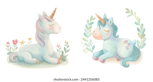 cute unicorn watercolour vectopr illustration 