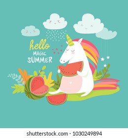 Cute unicorn with watermelon