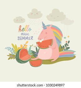 Cute unicorn with watermelon