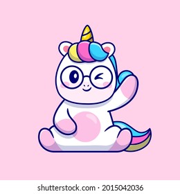 Cute Unicorn Waving Hand And Wearing Glasses Cartoon Vector Icon Illustration. Animal Nature Icon Concept Isolated Premium Vector. Flat Cartoon Style