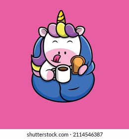 Cute Unicornio Con Una Cama Y Bebe Una Copa De Café Caliente Con Ilustración De Icono Del Vector De Caricatura De Pan Comido. Vector Premium Aislado De Icono De Festividad Científica. Estilo de dibujo plano