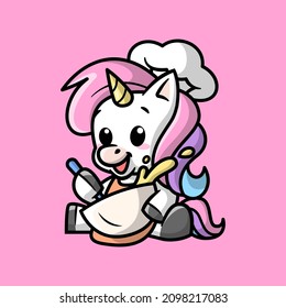 A CUTE UNICORN IS WEARING A CHEF HAT AND MAKES CAKE DOUGH CARTOON ILLUSTRATION.