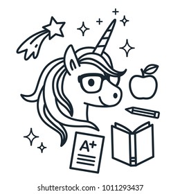 Cute unicorn wearing eyeglasses with school themed icons around. Single color outline vector illustration. Simple line doodles, coloring book page, education, reading, learning theme. 