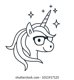 Cute unicorn wearing eyeglasses single color outline illustration. Simple line doodle icon, coloring book page. Magic, fantasy, education, school, learning theme design element isolated on white.