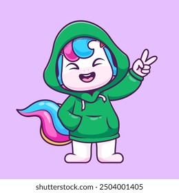 Cute Unicorn Wearing Hoodie Jacket Cartoon Vector Icon Illustration. Animal Fashion Icon Concept Isolated Premium Vector. Flat Cartoon Style