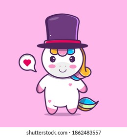 cute unicorn wearing magic hat with love sign, vector eps 10