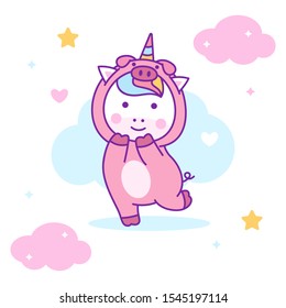 Cute unicorn wearing pig costume perfect for kids fabric and greeting cards.