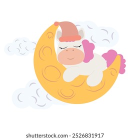 Cute unicorn wearing a pink nightcap is peacefully sleeping on a crescent moon, surrounded by soft clouds. This pastel colored illustration with gentle lines is perfect for children's products