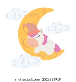 Cute unicorn wearing a pink nightcap is peacefully sleeping on a crescent moon, surrounded by soft clouds. This pastel colored illustration with gentle lines is perfect for children's products