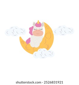 Cute unicorn wearing a pink nightcap is peacefully sleeping on a crescent moon, surrounded by soft clouds. This pastel colored illustration with gentle lines is perfect for children's products