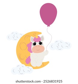 Cute unicorn wearing a pink nightcap is peacefully sleeping on a crescent moon, surrounded by soft clouds. This pastel colored illustration with gentle lines is perfect for children's products