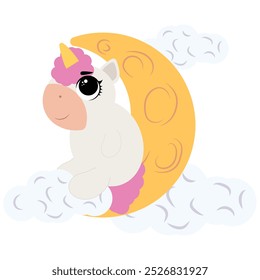 Cute unicorn wearing a pink nightcap is peacefully sleeping on a crescent moon, surrounded by soft clouds. This pastel colored illustration with gentle lines is perfect for children's products