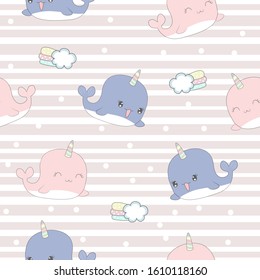 Cute unicorn whale with cloud seamless pattern.