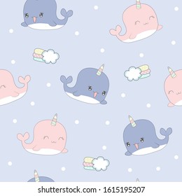 Cute unicorn whale with cloud seamless pattern.