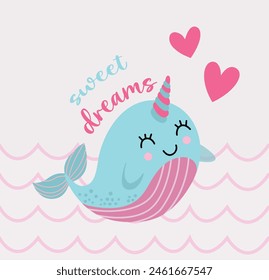  cute unicorn whale girl pattern vector illustration