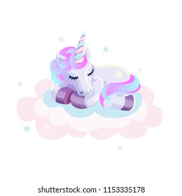 A cute unicorn which sleeping on the cloud.