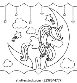 Cute unicorn and wing decorate with cutecloud and star on the sky for coloring book or anything.