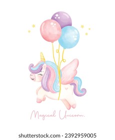 Cute unicorn with wing floating by balloons watercolor nursery Art illustration. Magical Unicorn.