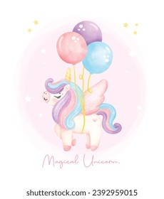 Cute unicorn with wing floating by balloons watercolor nursery Art illustration. Magical Unicorn.