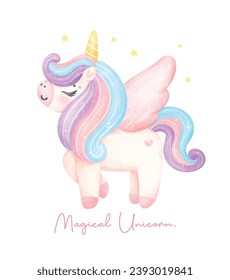 Cute unicorn with wing migical pony watercolor dreamy nursery Art illustration. Magical Unicorn.