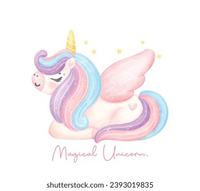 Cute unicorn with wing on cloud watercolor dreamy nursery Art illustration. Magical Unicorn.