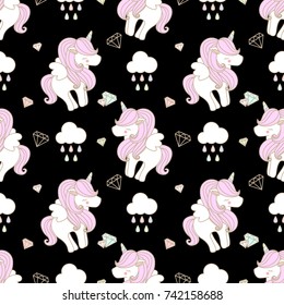 Cute unicorn with wing seamless pattern on black background with cloud and diamond in pastel theme.