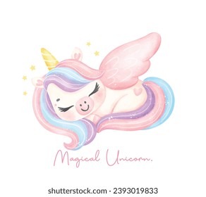 Cute unicorn with wing sleeping watercolor dreamy nursery Art illustration. Magical Unicorn.