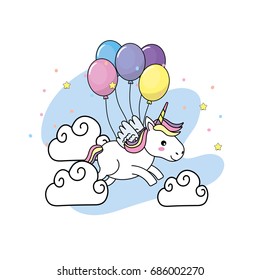 cute unicorn with wings and balloons and clouds