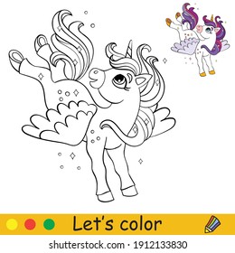 Cute unicorn with wings. Coloring book page with colorful template. Vector cartoon illustration isolated on white background. For coloring book, preschool education, print, design, decor and game.