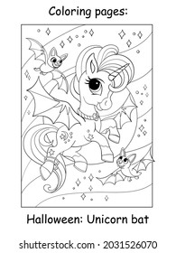 Cute unicorn with wings flies in the night starry sky with bats. Halloween concept. Coloring book page for children. Vector cartoon illustration. For coloring book, education, print, game, decor