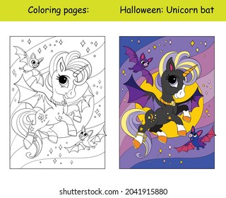 Cute unicorn with wings flies in the night starry sky with bats.Halloween concept. Coloring for children with colorful template. Vector cartoon illustration. For education, print, game, decor, design