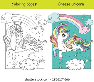 Cute unicorn with wings flying in the sky. Coloring book page for children with colorful template. Vector cartoon isolated illustration. For coloring book, preschool education, print, game, decor.