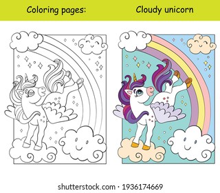 Cute unicorn with wings flying in the sky. Coloring book page for children with colorful template. Vector cartoon isolated illustration. For coloring book, preschool education, print, game, decor.