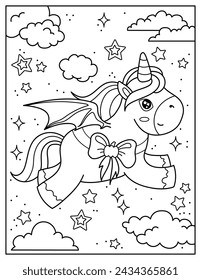 Cute unicorn with wings for Halloween. Coloring book for children. Coloring book for adults. Halloween.