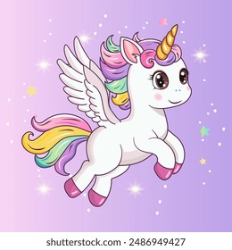 A cute unicorn with wings. A hand-drawn pony with a golden horn. The magical horse Pegasus. It can be used for printing, textiles, web design. Vector illustration